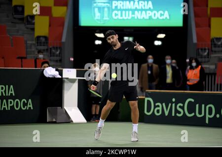 Nicolae Frunza en action pendant la Devi Cup: Roumanie / Pérou jour 1, BT Arena, Cluj-Napoca- 27 novembre 2021 (photo de Flaviu Buboi/NurPhoto) Banque D'Images