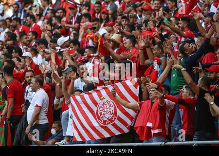 Fans Maroc équipe lors du match de la coupe arabe de la FIFA Qatar 2021 Groupe C entre la Jordanie et le Maroc au stade Ahmad Bin Ali sur 04 décembre 2021 à Doha, Qatar. (Photo par Ayman Aref/NurPhoto) Banque D'Images