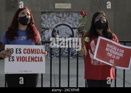 Des militants de l'organisation Direct action Everywhere Mexico, tiennent des signes tout en manifestant à l'extérieur de la Chambre des députés de Mexico contre l'exploitation dans l'industrie animale et en faveur de la loi Rose lors de l'urgence sanitaire de la COVID-19 dans la capitale. (Photo de Gerardo Vieyra/NurPhoto) Banque D'Images