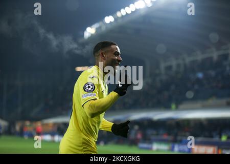 Arnaut Danjuma (Villarreal CF) célèbre après avoir marquant le premier but de ses proches lors du match de football de la Ligue des champions de l'UEFA Atalanta BC vs Villarreal sur 09 décembre 2021 au stade Gewiss de Bergame, Italie (photo de Francesco Scaccianoce/LiveMedia/NurPhoto) Banque D'Images