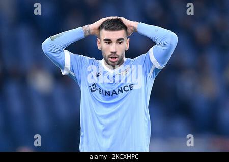 Mattia Zaccagni de SS Lazio semble abattu lors du match de l'UEFA Europa League entre SS Lazio et Galatasaray au Stadio Olimpico, Rome, Italie, le 9 décembre 2021. (Photo de Giuseppe Maffia/NurPhoto) Banque D'Images