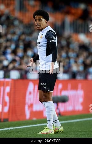 Helder Costa de Valence CF réagit pendant le match de la Liga Santander entre Valencia CF et Elche CF au stade Mestalla sur 11 décembre 2021 à Valence, Espagne (photo de David Aliaga/NurPhoto) Banque D'Images