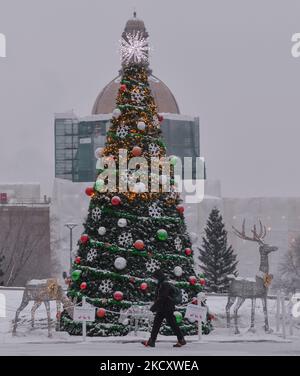 Arbre de Noël et décorations vus à l'extérieur de l'Assemblée législative de l'Alberta à Edmonton. Lundi, 13 décembre 2021, à Edmonton, Alberta, Canada. (Photo par Artur Widak/NurPhoto) Banque D'Images