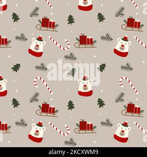 Motif de Noël avec des ours en sucre les ours polaires traîntent avec des cadeaux et des arbres de Noël Illustration de Vecteur