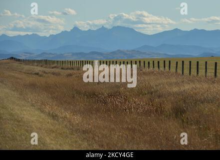 Vue générale le long de l'extrémité sud de la route provinciale 22 de l'Alberta, officiellement connue sous le nom de Cowboy Trail, une route de 584 kilomètres dans la province canadienne de l'Alberta. Falls.le vendredi 01 octobre 2021, à Lundbreck, Alberta, Canada. (Photo par Artur Widak/NurPhoto) Banque D'Images