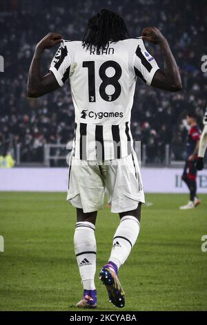 Juventus avance Moise Kean (18) célèbre après avoir marquant son but du faire 1-0 pendant la série Un match de football n.19 JUVENTUS - CAGLIARI sur 21 décembre 2021 au stade Allianz à Turin, Piémont, Italie. (Photo de Matteo Bottanelli/NurPhoto) Banque D'Images