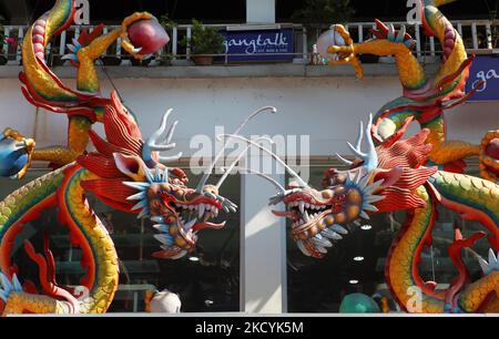 Dragons orientaux au-dessus d'un magasin à Gangtok, Sikkim, Inde. (Photo de Creative Touch Imaging Ltd./NurPhoto) Banque D'Images