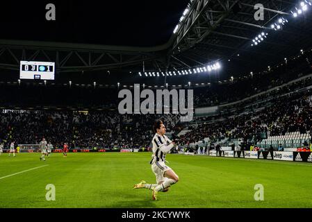 Federico Chiesa de Juventus FC célèbre un but lors du match de football Serie A entre Juventus FC et SSC Napoli, au stade Allianz, le 6 janvier 2022 à Turin, Italie (photo d'Alberto Gandolfo/NurPhoto) Banque D'Images
