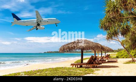 Atterrissage en avion à Caribbean Resort, l'avion vole au-dessus de la plage tropicale de l'océan. Vue sur le jet dans le ciel, l'eau, les chaises longues et les palmiers en été. Thème de la tra Banque D'Images