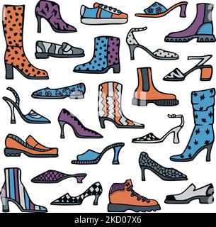 Illustration vectorielle avec jeu de chaussures pour femme. Chaussures à la mode pour femme. Style de dessin animé. Illustration de Vecteur