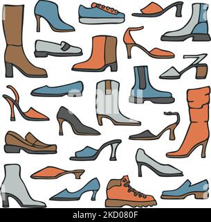 Illustration vectorielle avec collection de chaussures pour femmes. Chaussures pour femmes dessinées à la main. Grand jeu de chaussures différentes. Illustration de Vecteur