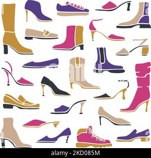 Illustration vectorielle avec collection de chaussures pour femmes. Ensemble de chaussures décoratives pour femmes. Illustration de Vecteur