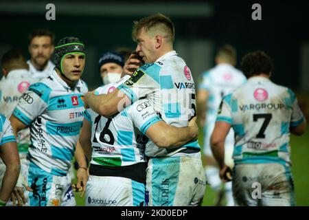 Federico Ruzza (Rugby de Benetton) et Tomas Baravalle (Rugby de Benetton) pendant la coupe du défi de rugby Benetton Rugby vs Dragons on 15 janvier 2022 au stade Monigo de Trévise, Italie (photo de Mattia Radoni/LiveMedia/NurPhoto) Banque D'Images