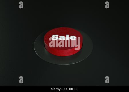 solde bouton rouge sur fond noir, rendu 3d Banque D'Images