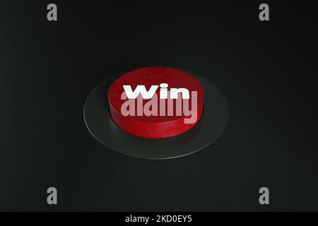 Bouton rouge Win sur fond noir, rendu 3D Banque D'Images
