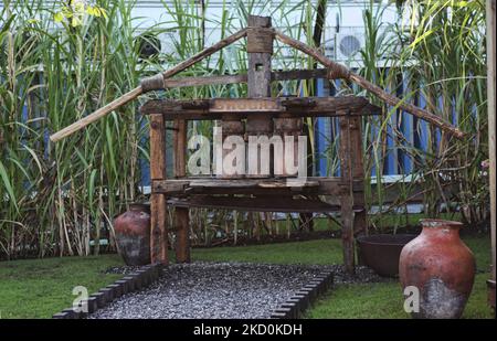 Presse de canne à sucre âgée de 500 ans à l'usine de rhum de Brugal à Puerto Plata en République dominicaine. (Photo de Creative Touch Imaging Ltd./NurPhoto) Banque D'Images