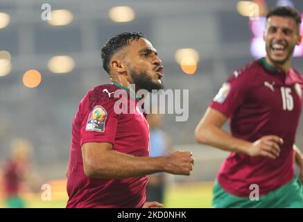 Sofiane Boufal, du Maroc, célèbre son premier but au Maroc contre le Gabon, coupe africaine des Nations, au stade Ahmadou Ahidjo sur 18 janvier 2022. (Photo par Ulrik Pedersen/NurPhoto) Banque D'Images