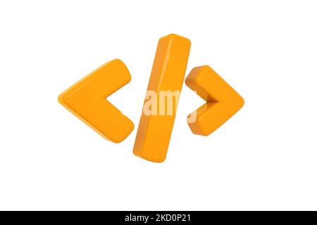 Icône de code volumétrique brillant orange vif isolée sur fond blanc. 3D symbole numérique rendu. Icône moderne pour le site Web Banque D'Images