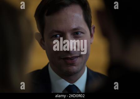 François-Xavier Bellamy après son discours devant le Parlement européen à l'ouverture de la présidence française, à Strasbourg, le 19 janvier 2022. (Photo par Andrea Savorani Neri/NurPhoto) Banque D'Images