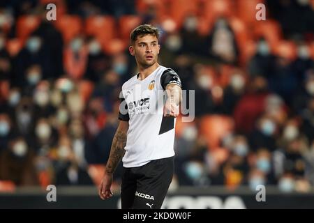 Hugo Duro de Valence CF réagit pendant le match de la Liga Santander entre Valencia CF et Sevilla FC au stade Mestalla, 19 janvier 2022, Valence, Espagne. (Photo de David Aliaga/NurPhoto) Banque D'Images