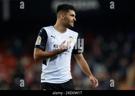 Hugo Duro de Valence CF réagit pendant le match de la Liga Santander entre Valencia CF et Sevilla FC au stade Mestalla, 19 janvier 2022, Valence, Espagne. (Photo de David Aliaga/NurPhoto) Banque D'Images