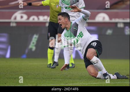 Giacomo Raspadori des États-Unis Sassuolo célèbre un but lors du match de football Serie A entre le FC Torino et le Sassuolo des États-Unis, au Stadio Olimpico Grande Torino, le 23 janvier 2022 à Turin, Italie (photo par Alberto Gandolfo/NurPhoto) Banque D'Images