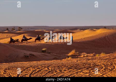 Les chameaux transportant des touristes se déplacent le long des dunes de sable près du petit village de Merzouga au Maroc, en Afrique. Merzouga est un village dans le désert du Sahara au Maroc, au bord de Erg Chebbi, un ensemble de 50km longues et 5km larges dunes de sable qui atteignent jusqu'à 350m. (Photo de Creative Touch Imaging Ltd./NurPhoto) Banque D'Images