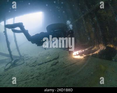 Plongée sous-marine sur épave en Grèce autour du navire à moteur Kali Tychi (anciennement Vincenzo Dormio, Cesare MaryBirch ). Le cargo a coulé près du port d'Agia Kyriaki le 25 juillet 1975. Les plongeurs sont vus avec des poissons et la vie marine, autour et dans le navire dans les eaux de la mer Égée. L'emplacement de l'épave est dans le petit village de pêcheurs Agia Kiriaki, Triker dans le sud Pélion, une destination de vacances populaire avec des petites tavernes traditionnelles, une plage magnifique et de belles montagnes. Agia Kiriaki, Grèce, le 17 septembre 2021 (photo de Nicolas Economou/NurPhoto) Banque D'Images