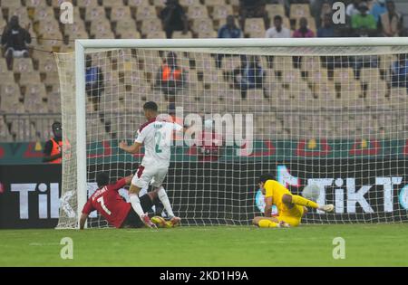 Trézéguet de l'Egypte marquant leur deuxième but au Maroc contre l'Egypte, coupe africaine des Nations, au stade Ahmadou Ahidjo sur 30 janvier 2022. (Photo par Ulrik Pedersen/NurPhoto) Banque D'Images