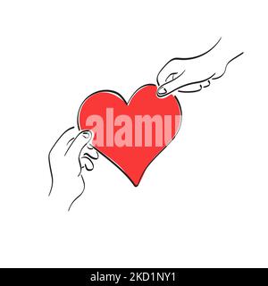 Mains mâles et femelles tenant le grand coeur rouge illustration vecteur main dessinée isolée sur fond blanc ligne art. Illustration de Vecteur