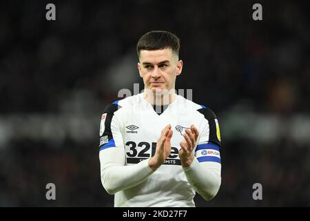 Tom Lawrence de Derby County lors du match de championnat Sky Bet entre Derby County et Hull City au Pride Park, Derby, le mardi 8th février 2022. (Photo de Jon Hobley/MI News/NurPhoto) Banque D'Images