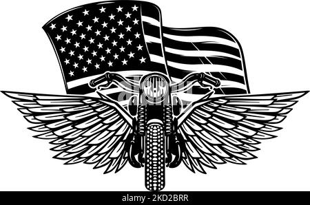 Illustration d'une moto à ailes sur fond de drapeau américain. Élément design pour affiche, carte, bannière, panneau, emblème. Illustration vectorielle Illustration de Vecteur