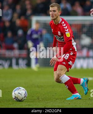 Riley McGree de Middlesbrough lors du match de championnat Sky Bet entre Middlesbrough et le comté de Derby au stade Riverside, à Middlesbrough, le samedi 12th février 2022. (Photo par Michael Driver/MI News/NurPhoto) Banque D'Images