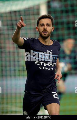 Bernardo Silva, de Manchester City, célèbre après avoir remporté un but lors du match de la manche de seize Leg One - Ligue des champions de l'UEFA entre le Sporting CP et Manchester City au stade Alvalade de Lisbonne, Portugal, sur 15 février 2022. (Photo par Pedro Fiúza/NurPhoto) Banque D'Images