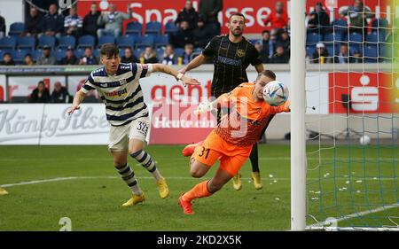 Duisburg, Allemagne. 05th nov. 2022. Firo: 05.11.2022, football, football, ligue 3rd, 3rd ligue fédérale, saison 2022/2023, 22/23, 15th match day MSV Duisburg - Spielvereinigung, SpVgg Bayreuth Niklas Kolle, POUSSES, LE, BUT, À, 1: 1 crédit: dpa/Alay Live News Banque D'Images