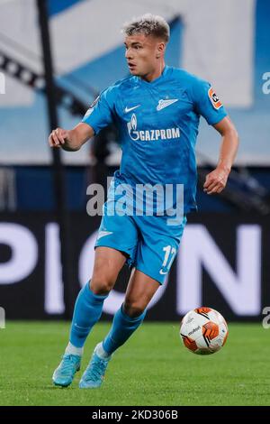 Andrey Mostovoy, de Zenit Saint-Pétersbourg, en action lors du match H du groupe de la Ligue des champions de l'UEFA entre Zenit Saint-Pétersbourg et Malmo FF sur 29 septembre 2021 à l'arène Gazprom à Saint-Pétersbourg, en Russie. (Photo de Mike Kireev/NurPhoto) Banque D'Images