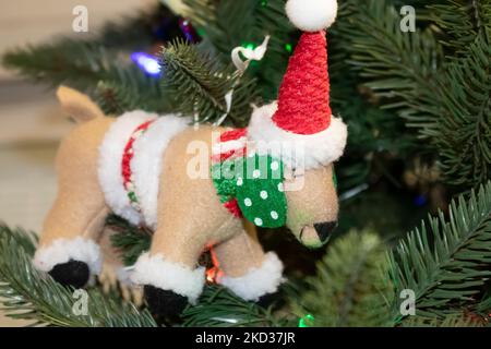 Décoration de Noël en costume de Père noël sur l'arbre - avec chapeau et écharpe et oreilles en pois - mise au point sélective Banque D'Images