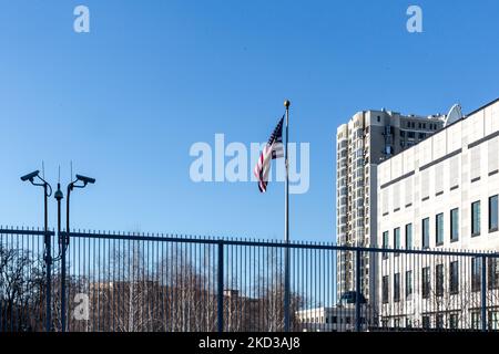 Le bâtiment de l'ambassade AMÉRICAINE reste vide car le personnel diplomatique a été ordonné de quitter l'Ukraine Kiev, Ukraine sur 23 février 2022. (Photo par Dominika Zarzycka/NurPhoto) Banque D'Images