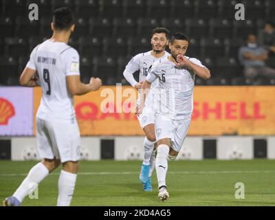 Omid Ebrahimi (6) d'Al Wakrah célèbre sa prison lors de la finale de quart de coupe d'Amir entre Al Rayyan et Al Wakrah au stade Jassim Bin Hamad à Doha, Qatar, le 5 mars 2022. (Photo de Simon Holmes/NurPhoto) Banque D'Images