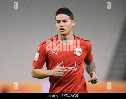 James Rodriguez (10) d'Al Rayyan réagit lors de la finale de quart de coupe d'Amir entre Al Rayyan et Al Wakrah au stade Jassim Bin Hamad à Doha, au Qatar, le 5 mars 2022. (Photo de Simon Holmes/NurPhoto) Banque D'Images