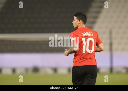 James Rodriguez (10) d'Al Rayyan réagit lors de la finale de quart de coupe d'Amir entre Al Rayyan et Al Wakrah au stade Jassim Bin Hamad à Doha, au Qatar, le 5 mars 2022. (Photo de Simon Holmes/NurPhoto) Banque D'Images