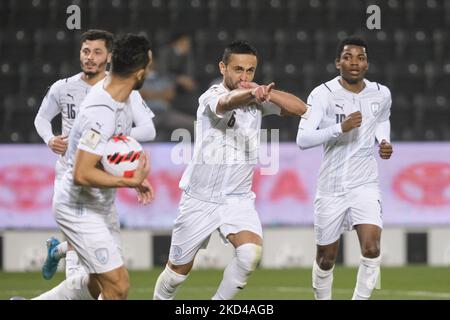 Omid Ebrahimi (6) d'Al Wakrah célèbre sa prison lors de la finale de quart de coupe d'Amir entre Al Rayyan et Al Wakrah au stade Jassim Bin Hamad à Doha, Qatar, le 5 mars 2022. (Photo de Simon Holmes/NurPhoto) Banque D'Images