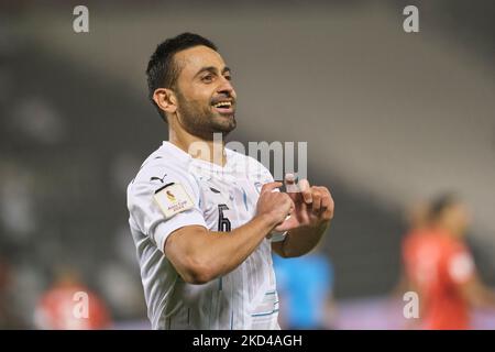 Omid Ebrahimi (6) d'Al Wakrah célèbre sa prison lors de la finale de quart de coupe d'Amir entre Al Rayyan et Al Wakrah au stade Jassim Bin Hamad à Doha, Qatar, le 5 mars 2022. (Photo de Simon Holmes/NurPhoto) Banque D'Images