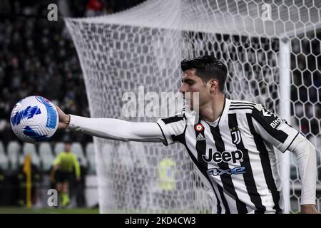 Juventus avance Alvaro Morata (9) pendant le match de football de la série A n.28 JUVENTUS - SPEZIA sur 06 mars 2022 au stade Allianz de Turin, Piémont, Italie. (Photo de Matteo Bottanelli/NurPhoto) Banque D'Images