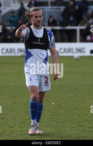 HARTLEPOOL, ROYAUME-UNI. MAR Jamie Sterry, de Hartlepool United, se réchauffe lors du match Sky Bet League 2 entre Hartlepool United et Leyton Orient à Victoria Park, Hartlepool, le samedi 12th mars 2022. (Photo de Mark Fletcher/MI News/NurPhoto) Banque D'Images