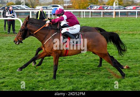 Fury Road, criée par le jockey Jack Kennedy (silks rouges) sur le chemin de gagner le Eventsec Chase pendant le deuxième jour du Ladbrokes Festival of Racing à l'hippodrome de Down Royal, Lisburn. Date de la photo: Samedi 5 novembre 2022. Banque D'Images