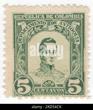 ANTIOQUIA - 1899 : timbre-poste vert à 5 centavos représentant un portrait de José Marıa Cordoba Muñoz, également connu sous le nom de 'héros d'Ayacucho'. Il était général de l'armée colombienne pendant la guerre d'indépendance de la Colombie, du Pérou et de la Bolivie Banque D'Images