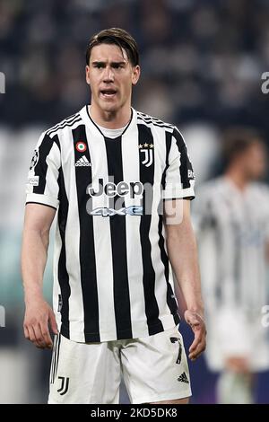 Dusan Vlahovic de Juventus lors de la manche de la Ligue des champions de l'UEFA de la manche de seize coupe deux matches entre Juventus et Villarreal CF au stade de Juventus sur 16 mars 2022 à Turin, Italie. (Photo de Jose Breton/Pics action/NurPhoto) Banque D'Images