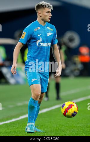 Andrey Mostovoy, de Zenit Saint-Pétersbourg, en action lors du match de la première Ligue russe entre le FC Zenit Saint-Pétersbourg et le FC Arsenal Tula sur 19 mars 2022 à l'arène Gazprom de Saint-Pétersbourg, en Russie. (Photo de Mike Kireev/NurPhoto) Banque D'Images