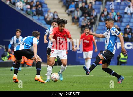 Takefusa Kubo pendant le match entre le RCD Espanyol et le RCD Mallorca, correspondant à la semaine 29 de la Liga Santander, joué au stade RCDE, à Barcelone, le 20th mars 2022. (Photo de Joan Valls/Urbanandsport /NurPhoto) Banque D'Images